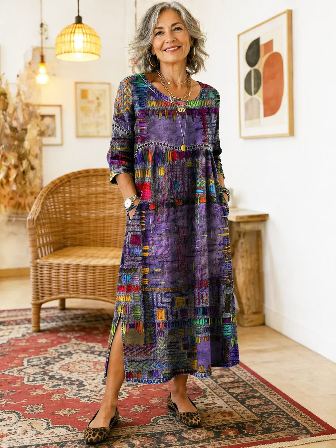 Women's Lightweight Ethnic Patchwork Print Dress (3)