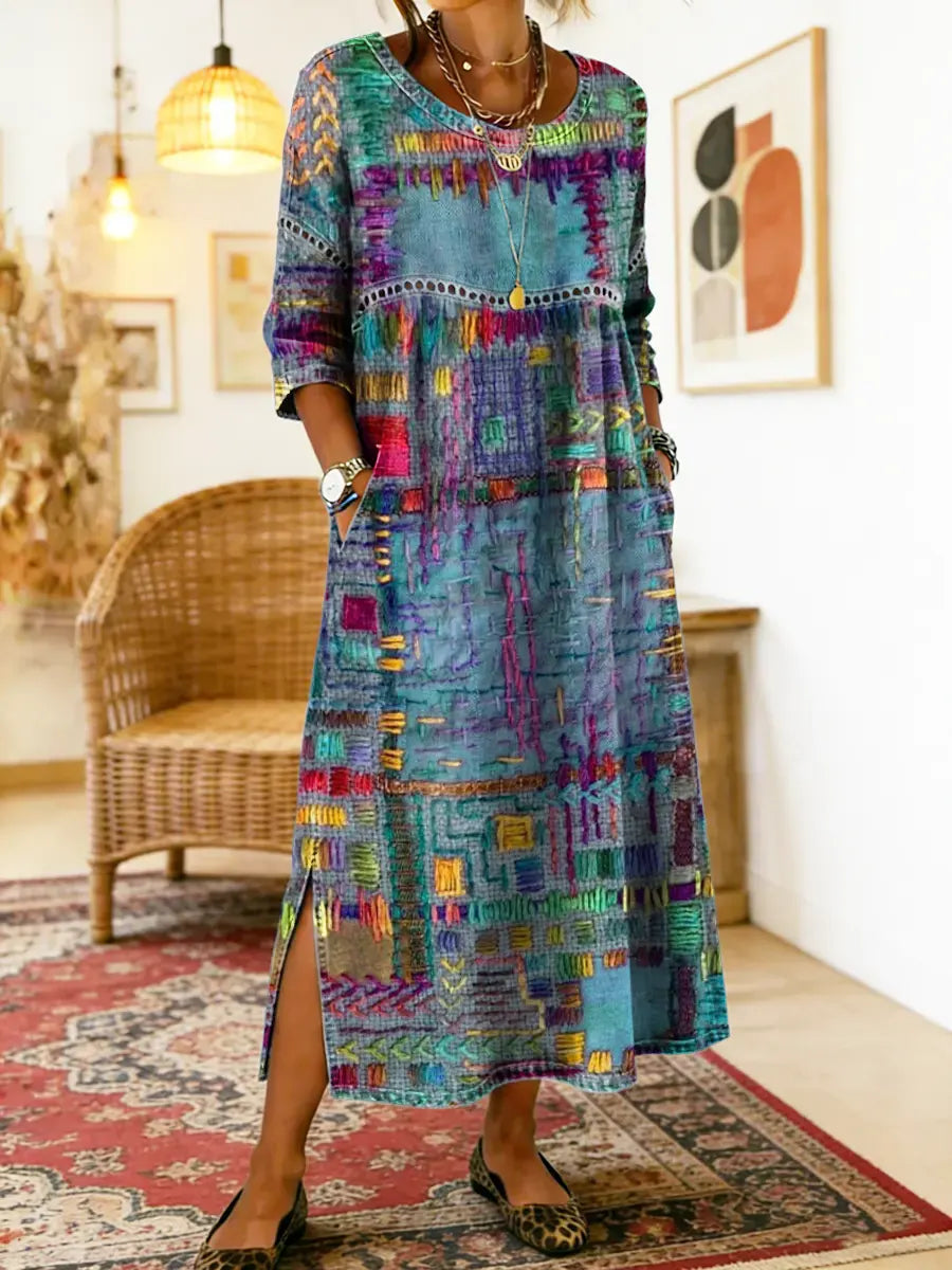 Women's Lightweight Ethnic Patchwork Print Dress in Blue