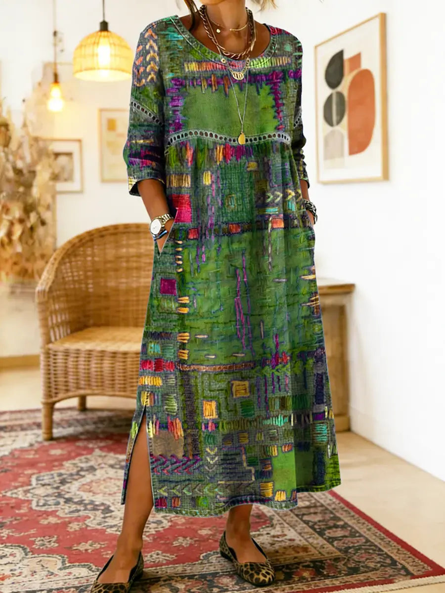 Women's Lightweight Ethnic Patchwork Print Dress in Green