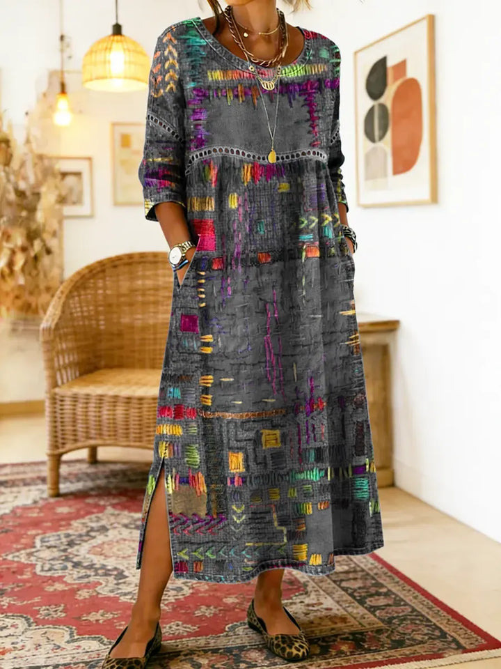 Women's Lightweight Ethnic Patchwork Print Dress in Grey