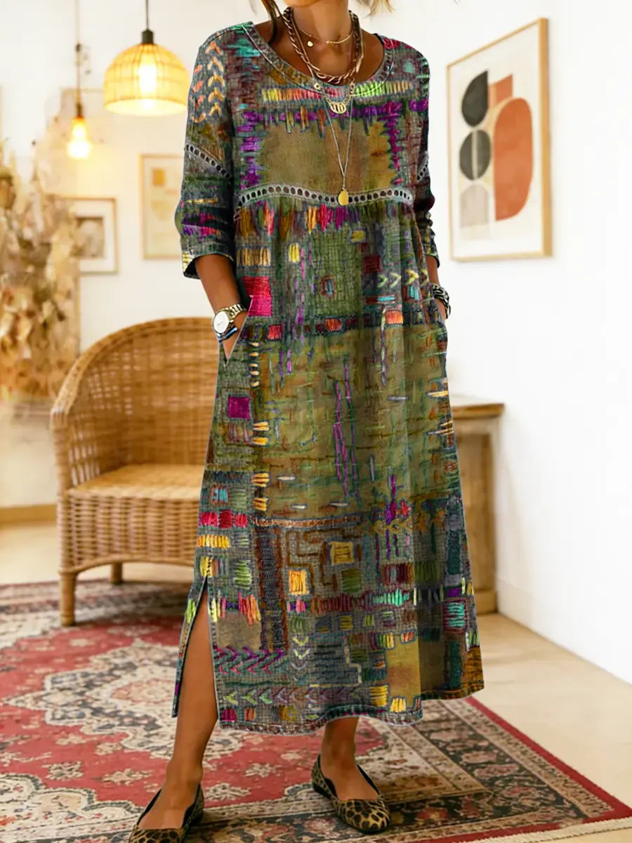 Women's Lightweight Ethnic Patchwork Print Dress in Militärgrün
