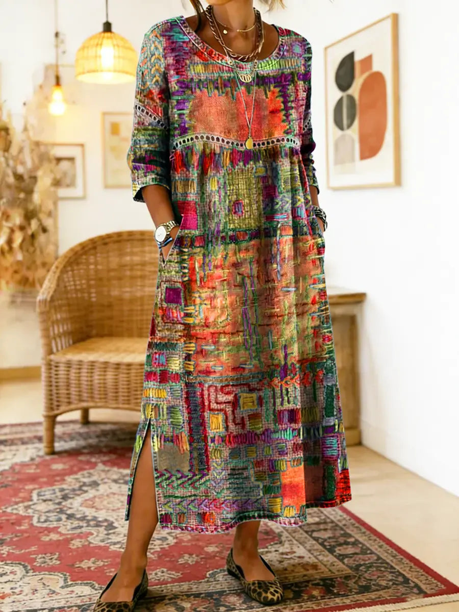 Women's Lightweight Ethnic Patchwork Print Dress in Orange