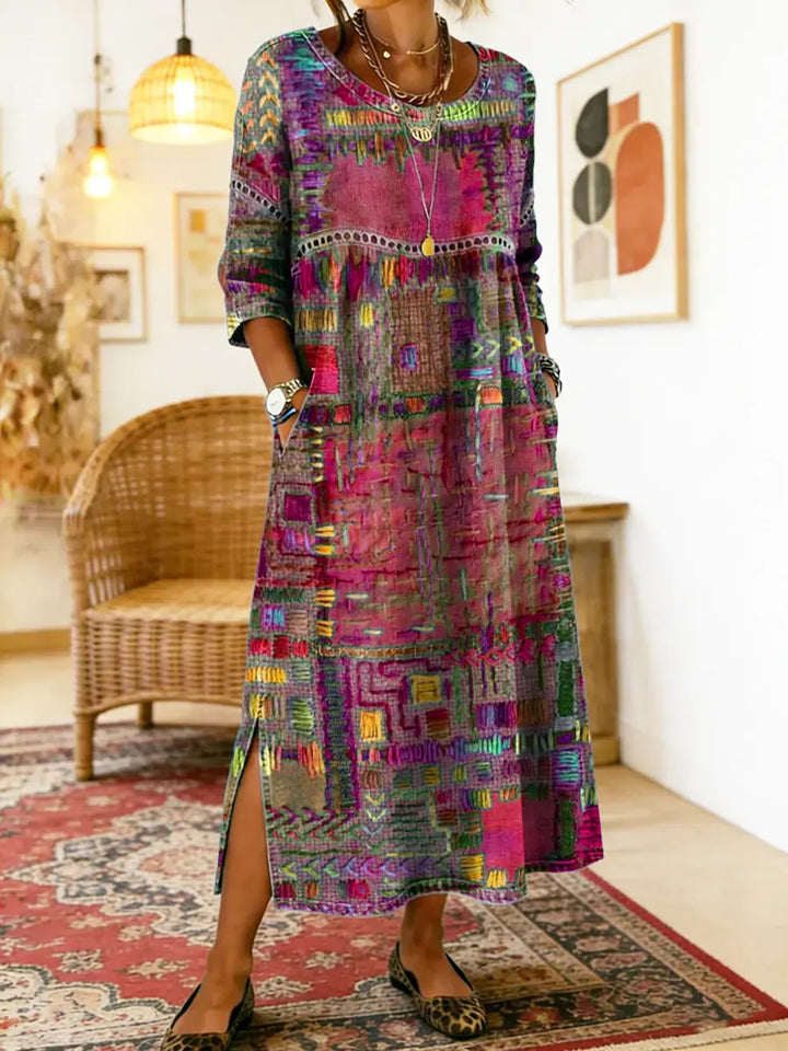 Women's Lightweight Ethnic Patchwork Print Dress in Pink