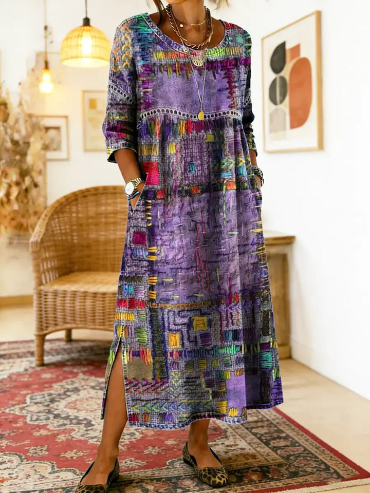 Women's Lightweight Ethnic Patchwork Print Dress in Purple