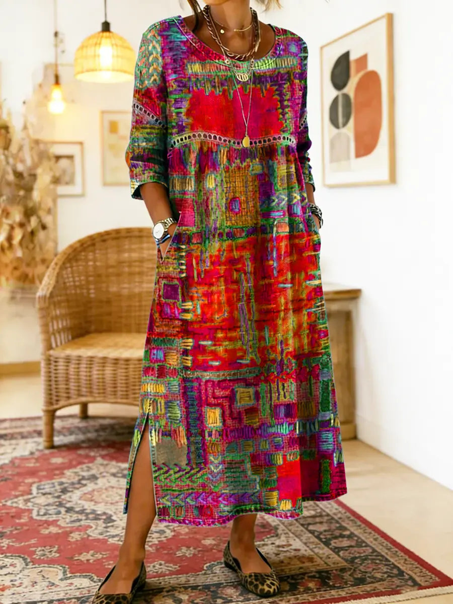 Women's Lightweight Ethnic Patchwork Print Dress in Red