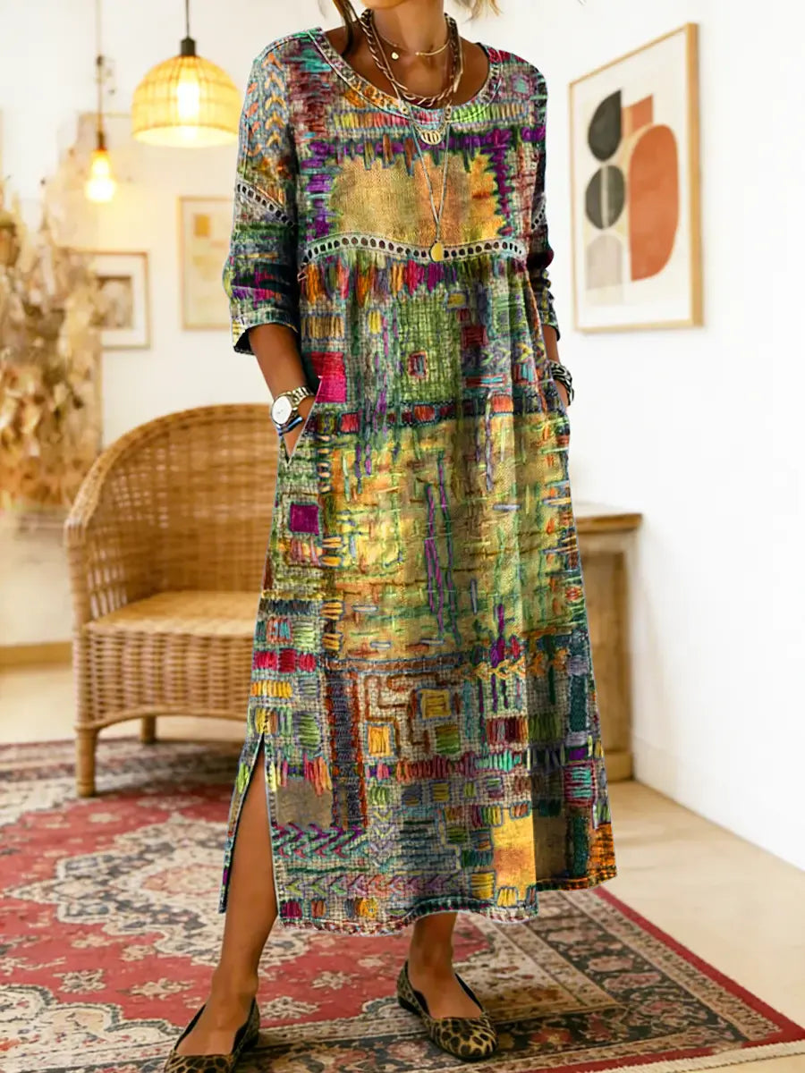 Women's Lightweight Ethnic Patchwork Print Dress in Yellow