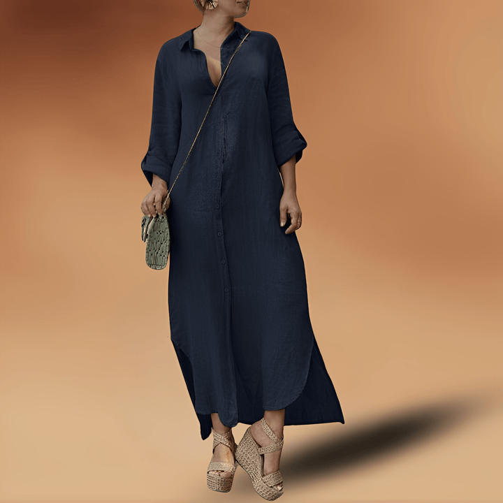 Women's Linen Fall Dress for Homecoming and Weddings in Dark Blue