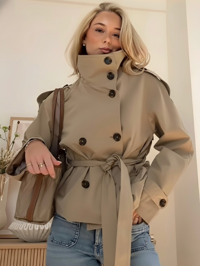 Women's Long Belted Classic Trenchcoat in Khaki 2