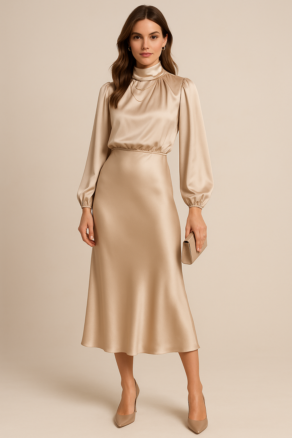Women's Long Evening Dress, High Waist Midi in Apricot