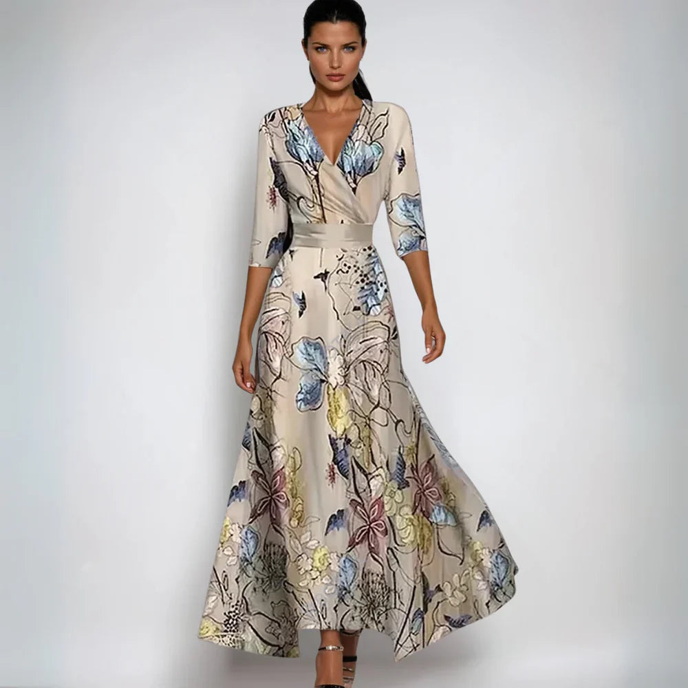Women's Long Evening Dress in Floral in Sand/Beige