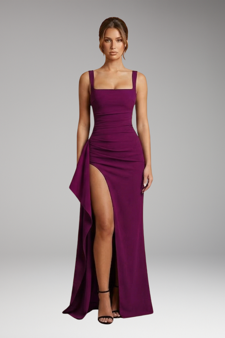 Women's Long Evening Dress with Open Back in Burgundy