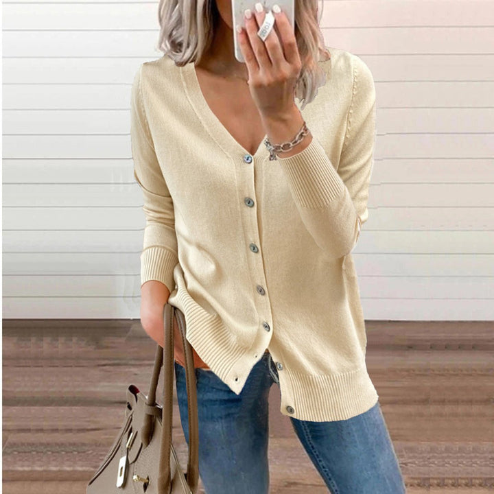 Women's Long Sleeve V-Neck Button Cardigan in Beige