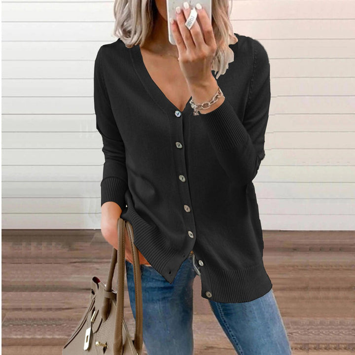 Women's Long Sleeve V-Neck Button Cardigan in Black