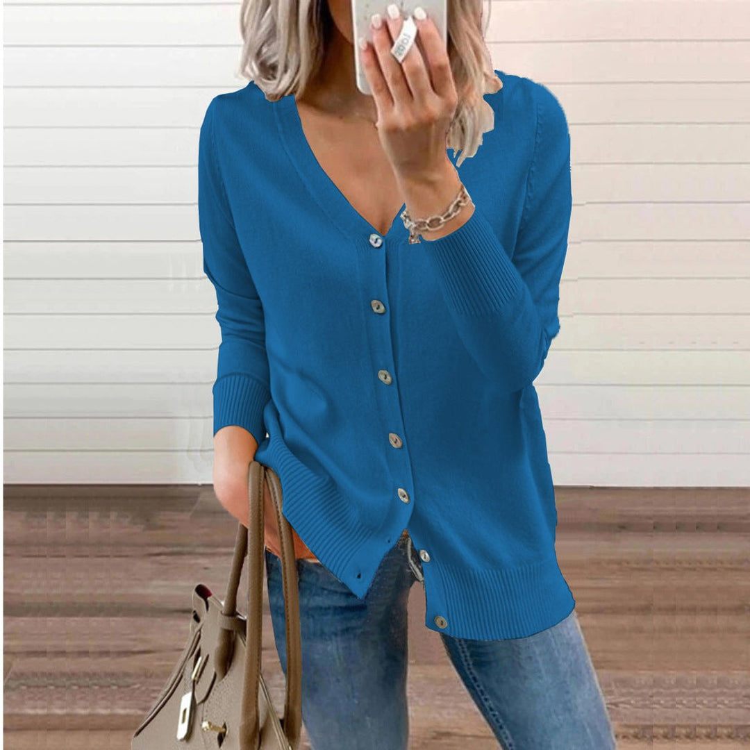 Women's Long Sleeve V-Neck Button Cardigan in Blue