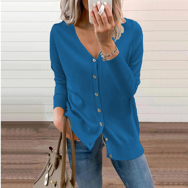 Women's Long Sleeve V-Neck Button Cardigan in Blue