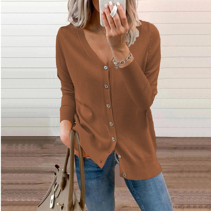 Women's Long Sleeve V-Neck Button Cardigan in Brown