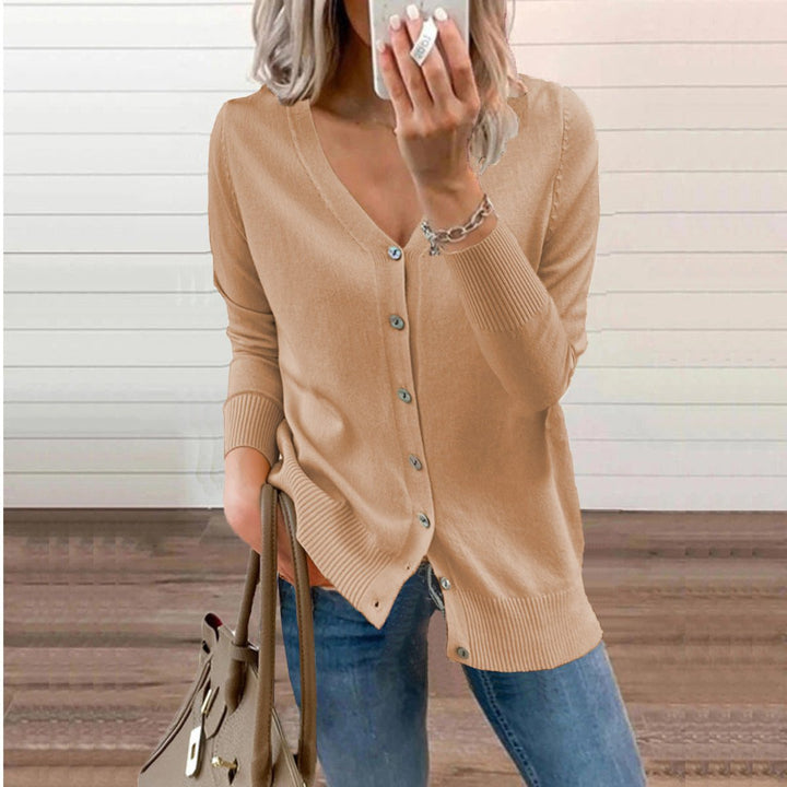 Women's Long Sleeve V-Neck Button Cardigan in Kamel