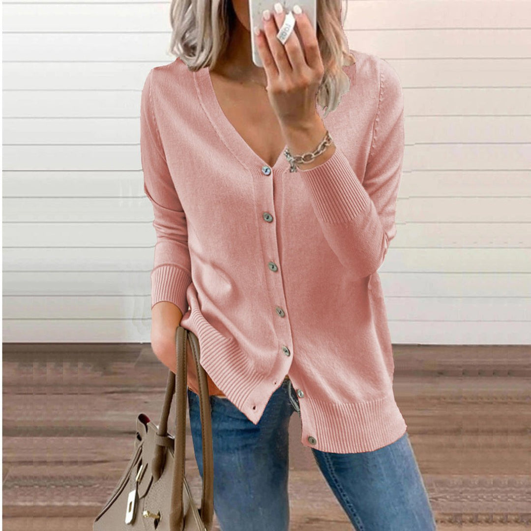 Women's Long Sleeve V-Neck Button Cardigan in Pink