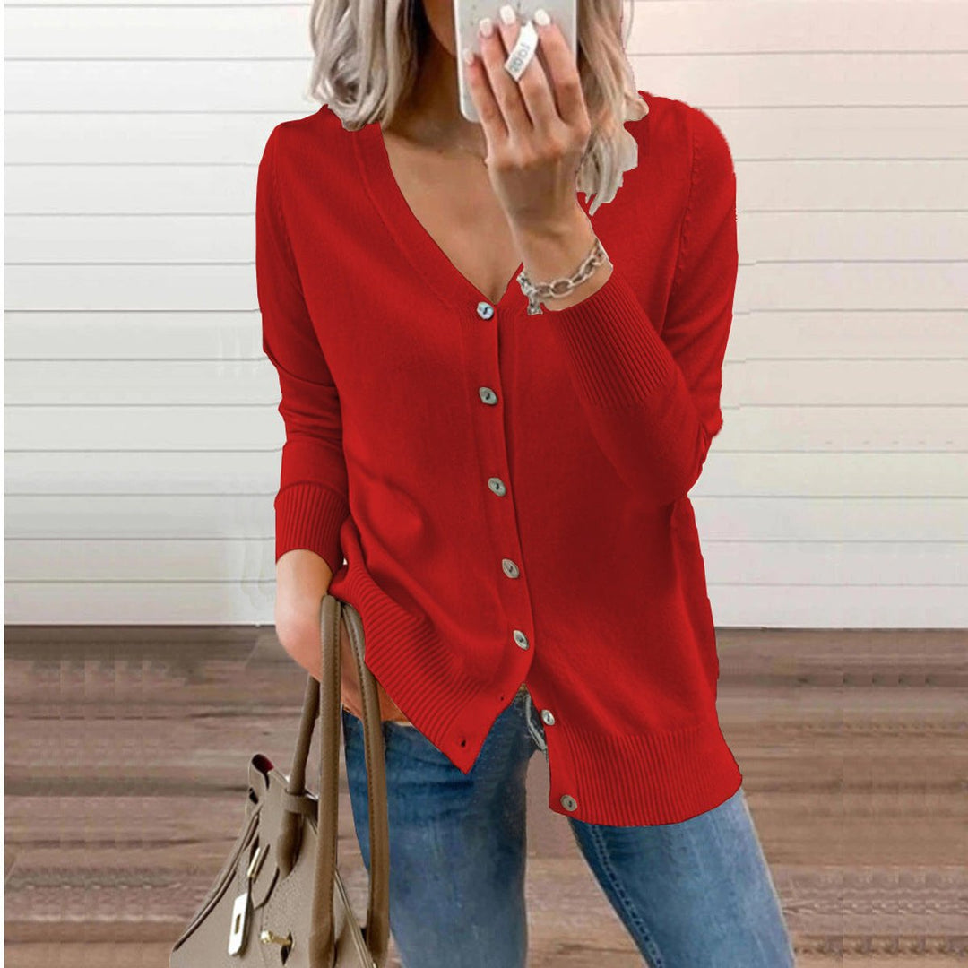 Women's Long Sleeve V-Neck Button Cardigan in Red