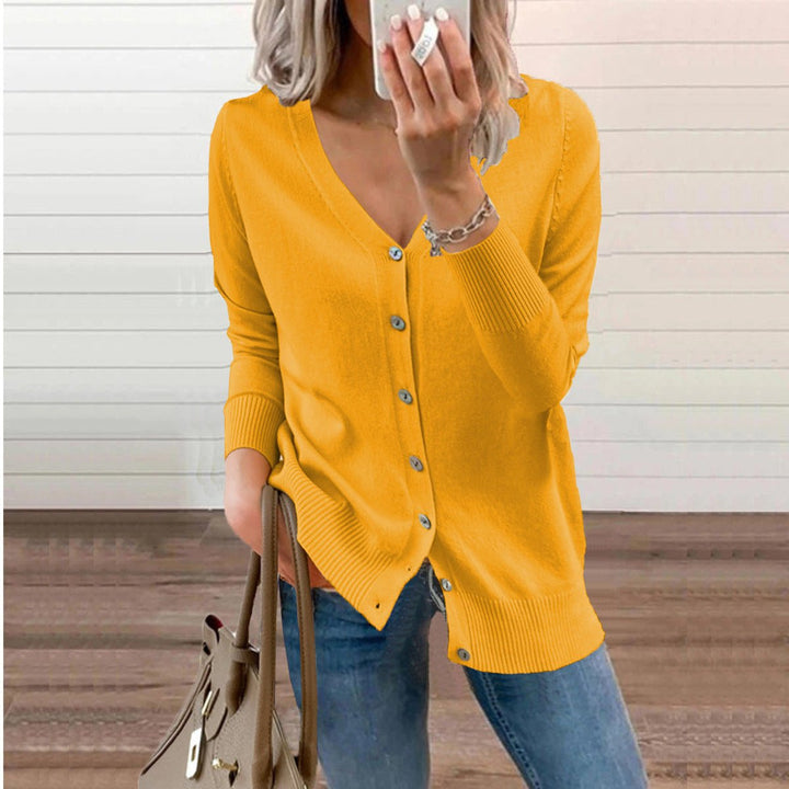 Women's Long Sleeve V-Neck Button Cardigan in Yellow