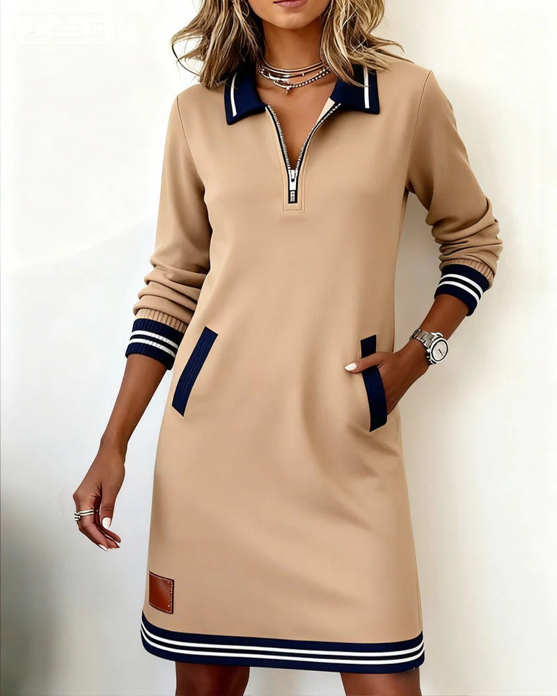 Women's Long-Sleeved Cotton Evening Dress in Beige