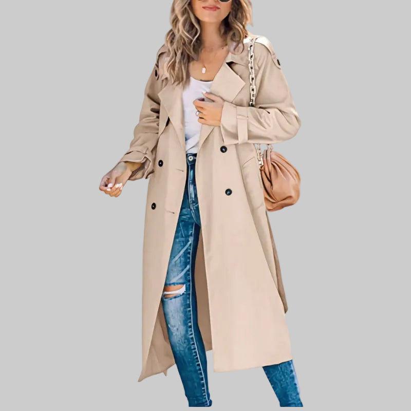 Women's Long Tailored Trenchcoat for Office in Khaki