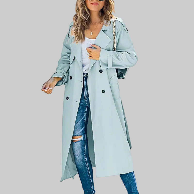 Women's Long Tailored Trenchcoat for Office in Light Blue