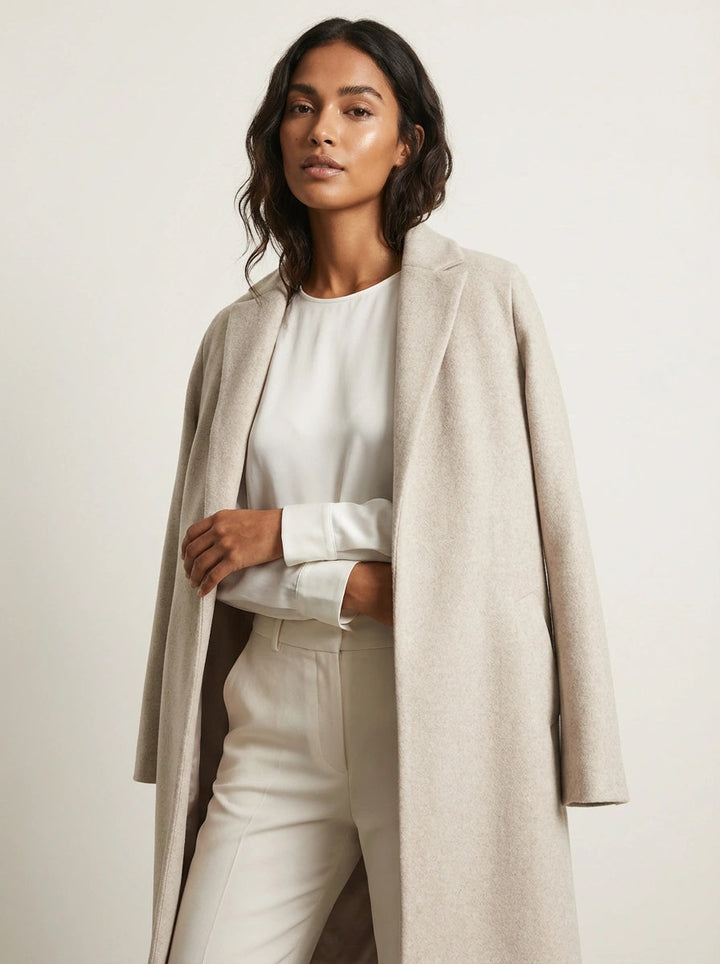Women's Long Wool Coat for Fall in Beige