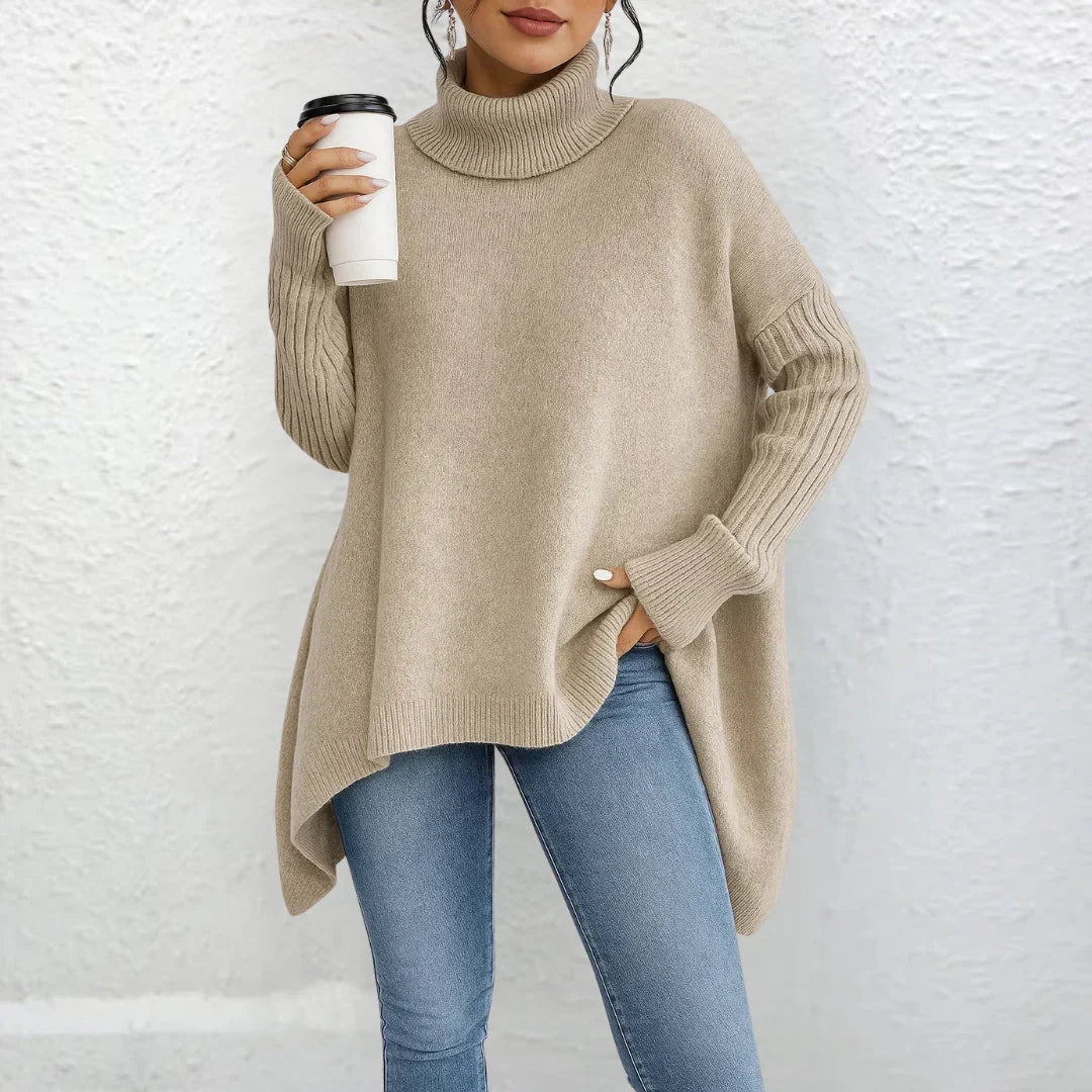 Women's Loose Turtleneck Pullover Sweater in Beige