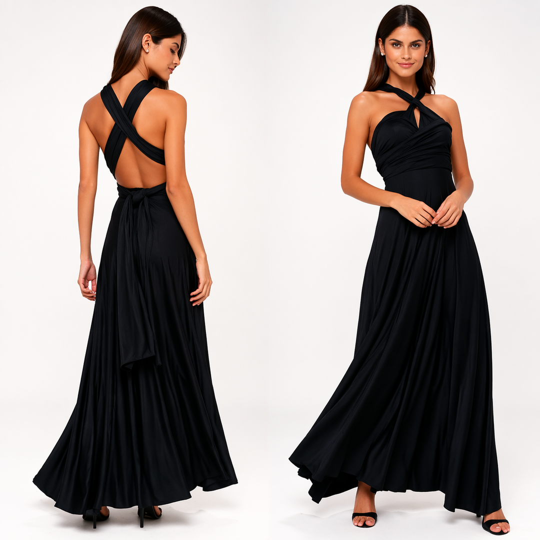 Women's Maxi Party Dress with Crossover Neckline in Black