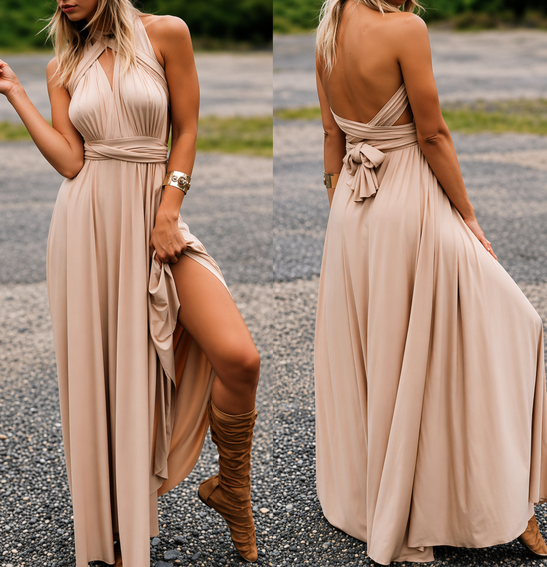 Women's Maxi Party Dress with Crossover Neckline in Champagner