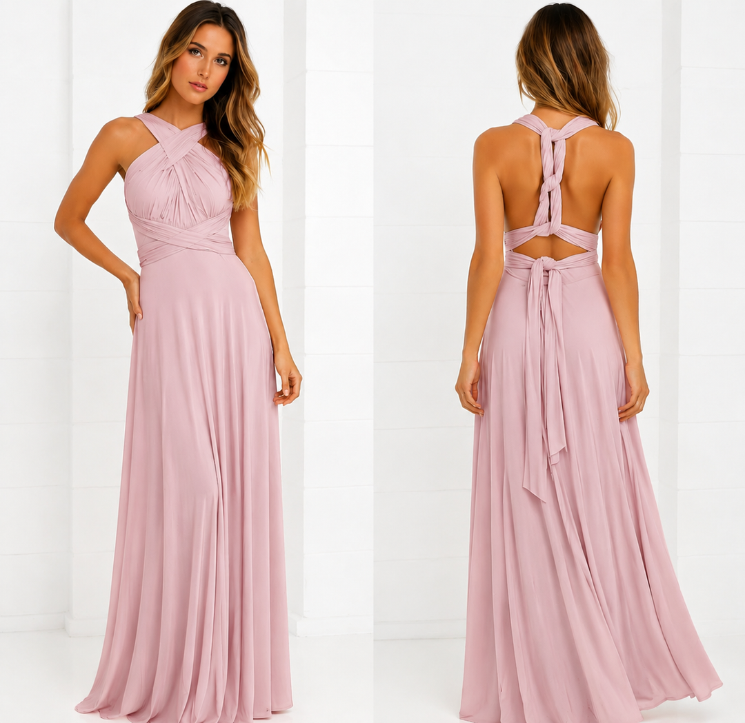 Women's Maxi Party Dress with Crossover Neckline in Pink