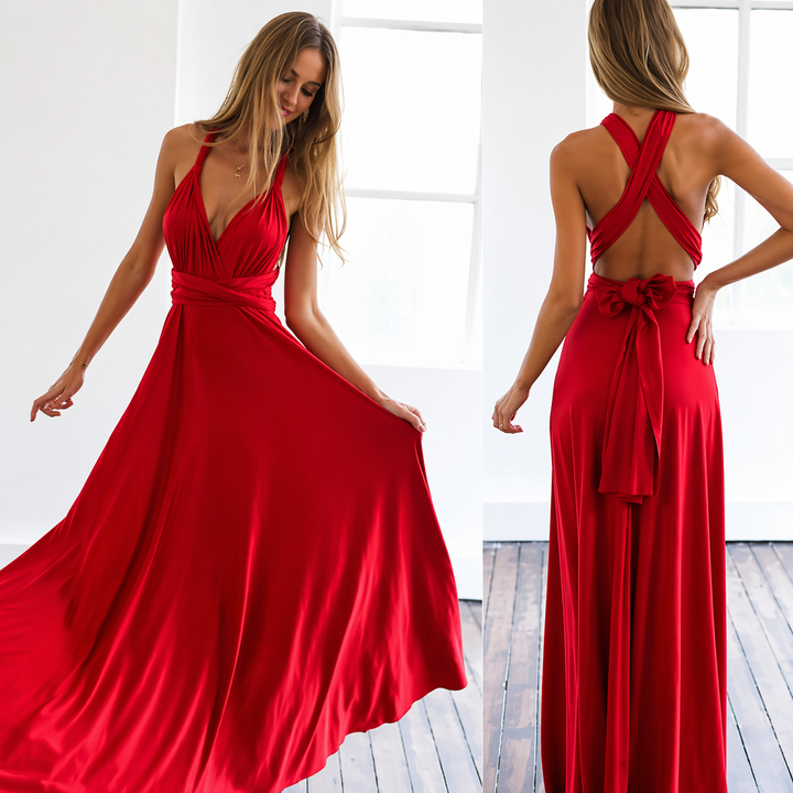 Women's Maxi Party Dress with Crossover Neckline in Red
