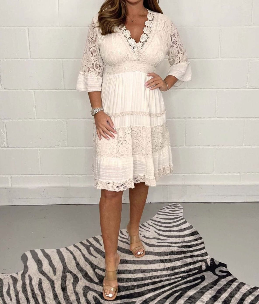 Women's Midi Lace Fall Wedding Guest Dress in White