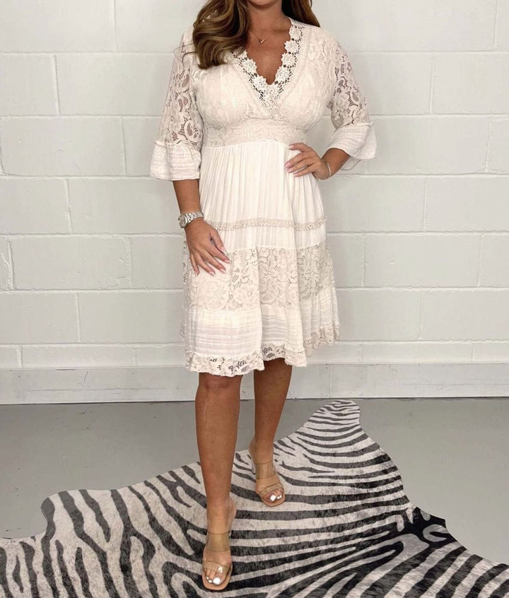 Women's Midi Lace Fall Wedding Guest Dress in White