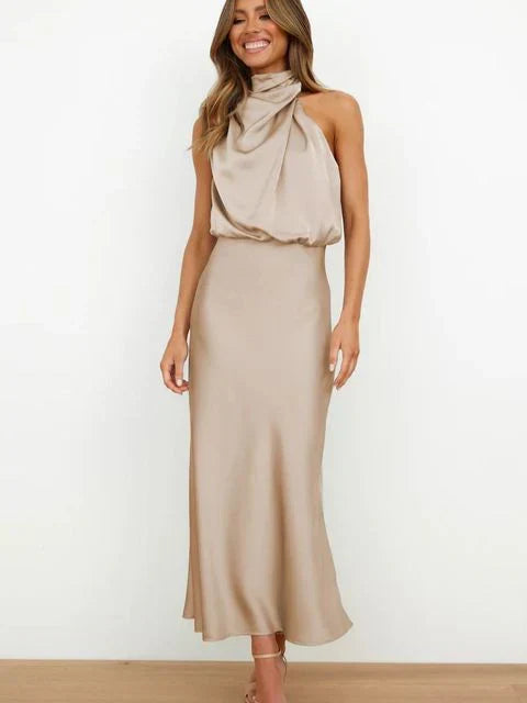 Women's Midi Party Dress for Fall Weddings in Beige
