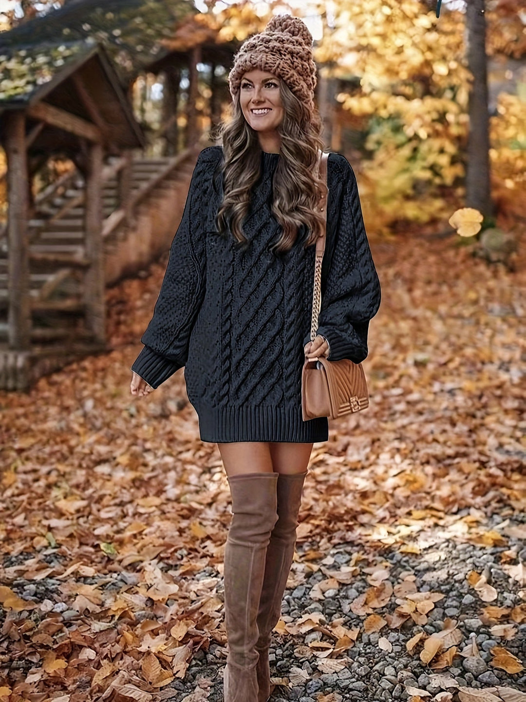 Women's Mini Sweater Dress in Cable Knit in Black 5