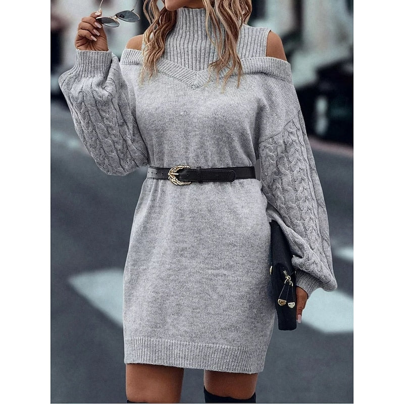 Women's Mini Turtleneck Sweater Dress, Cold-Shoulder (10)
