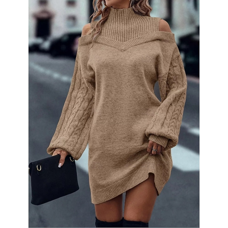 Women's Mini Turtleneck Sweater Dress, Cold-Shoulder (3)