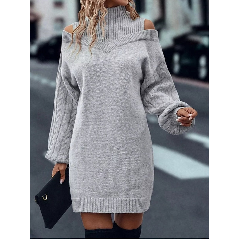 Women's Mini Turtleneck Sweater Dress, Cold-Shoulder (9)