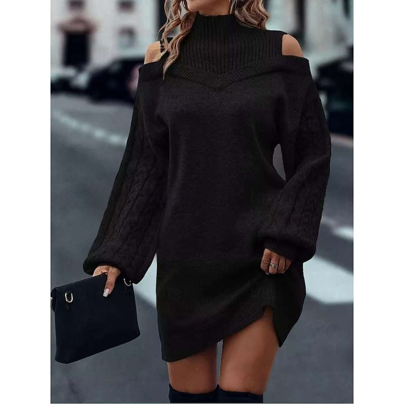 Women's Mini Turtleneck Sweater Dress, Cold-Shoulder in Black