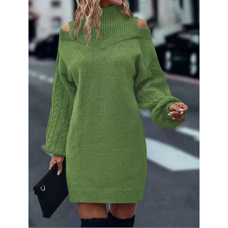Women's Mini Turtleneck Sweater Dress, Cold-Shoulder in Green