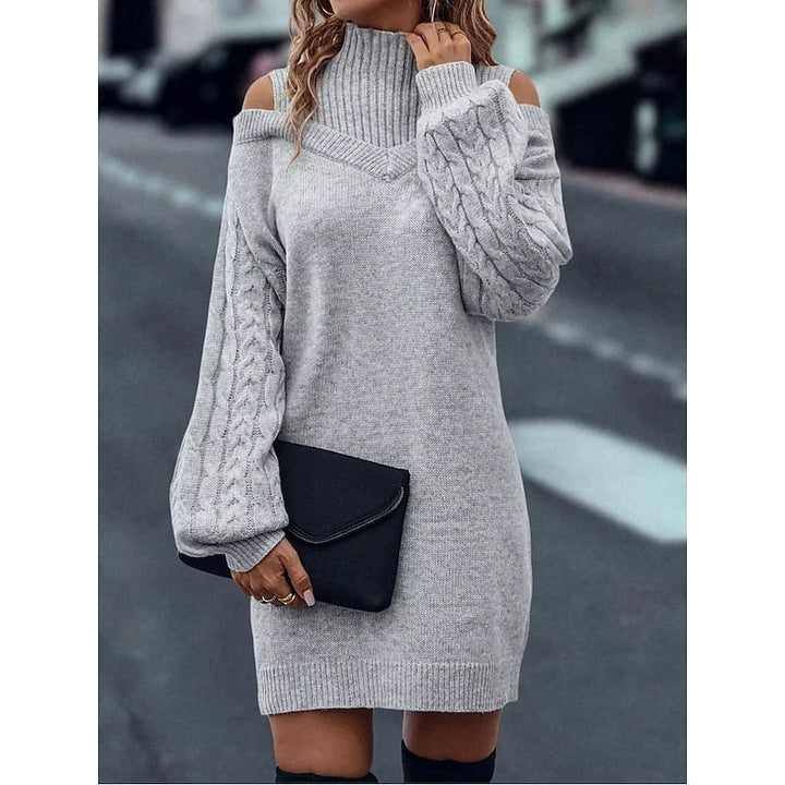 Women's Mini Turtleneck Sweater Dress, Cold-Shoulder in Grey