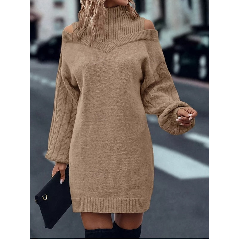 Women's Mini Turtleneck Sweater Dress, Cold-Shoulder in Khaki