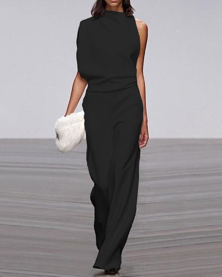 Women's One-Shoulder Wide-Leg Jumpsuit Set in Black
