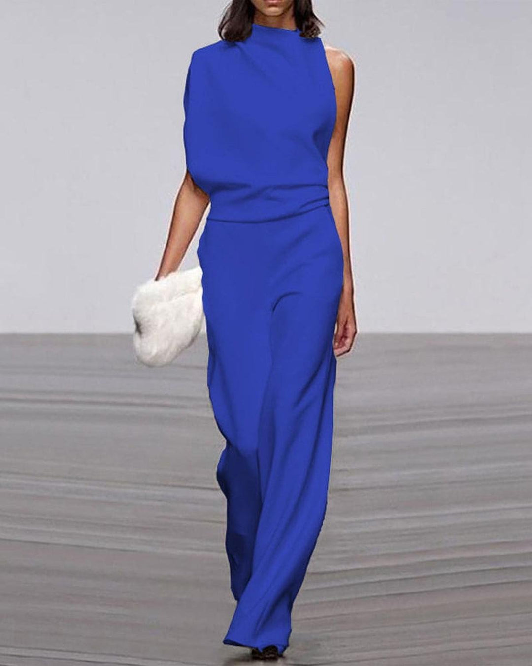 Women's One-Shoulder Wide-Leg Jumpsuit Set in Blue