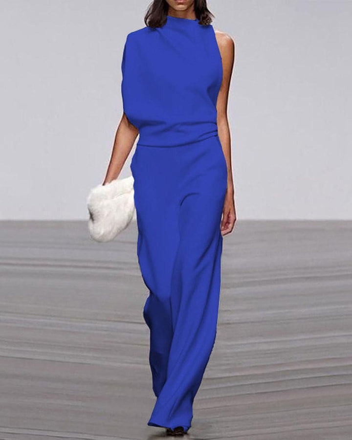 Women's One-Shoulder Wide-Leg Jumpsuit Set in Blue