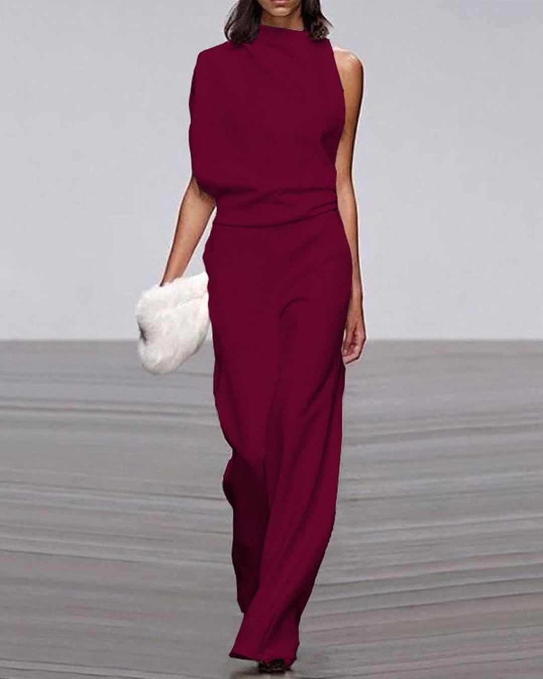 Women's One-Shoulder Wide-Leg Jumpsuit Set in Dark Red