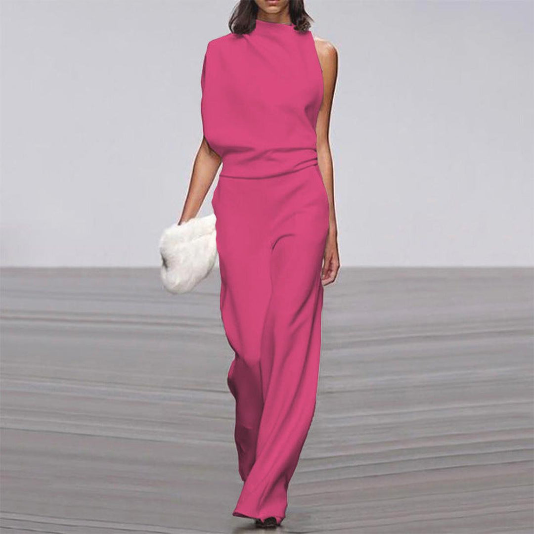 Women's One-Shoulder Wide-Leg Jumpsuit Set in Fuchsia