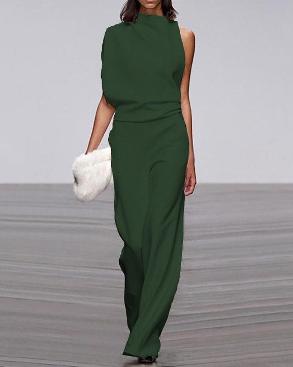 Women's One-Shoulder Wide-Leg Jumpsuit Set in Green